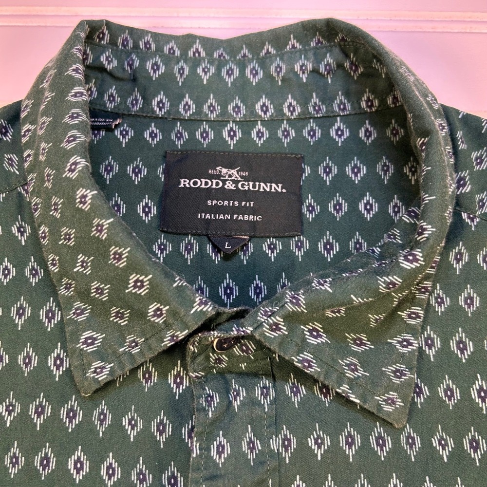 Rodd & Gunn Sports Fit Short Sleeve Shirt Mens L Green Geometric Print Italian